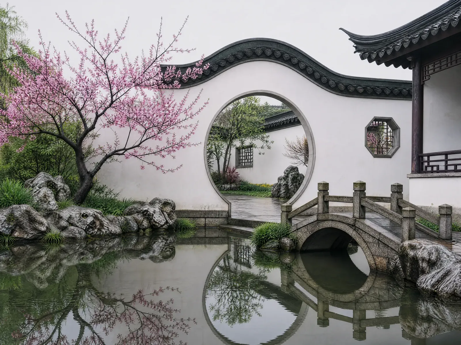 A Jiangnan garden in spring: moon gate, white walls, peach blossom and a stone bridge reflected in water