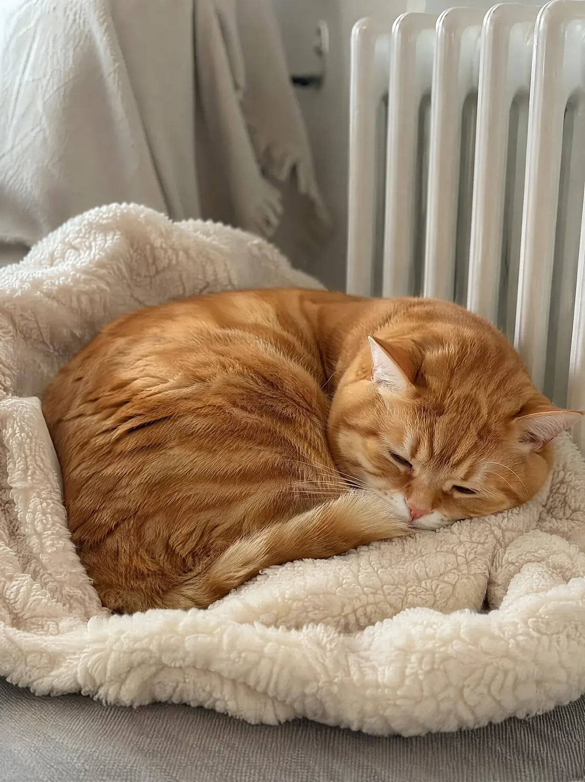 Ginger cat curled up in a blanket by the radiator